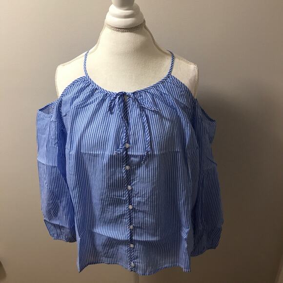 Cold Shoulder Top Blue Striped Button Down Blouse - Picture 4 of 8